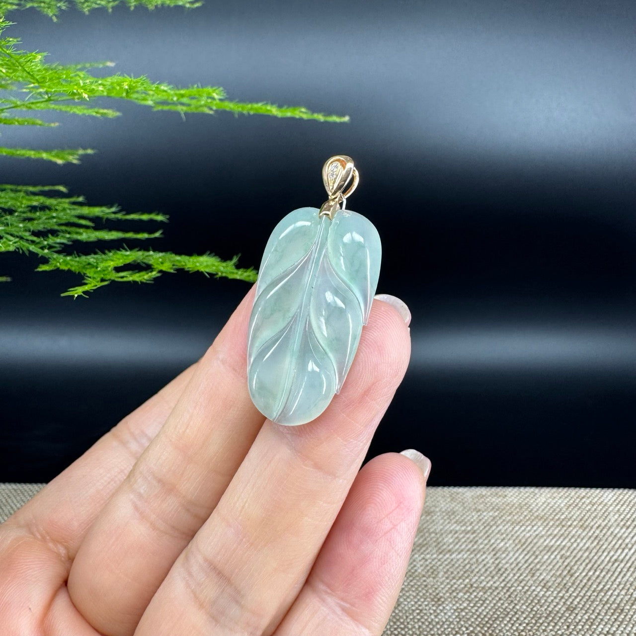 RealJade® Co. Genuine Ice Green Jadeite Jade Jin Zhi Yu Ye (Leaf) Necklace With 18K Rose Gold Bail