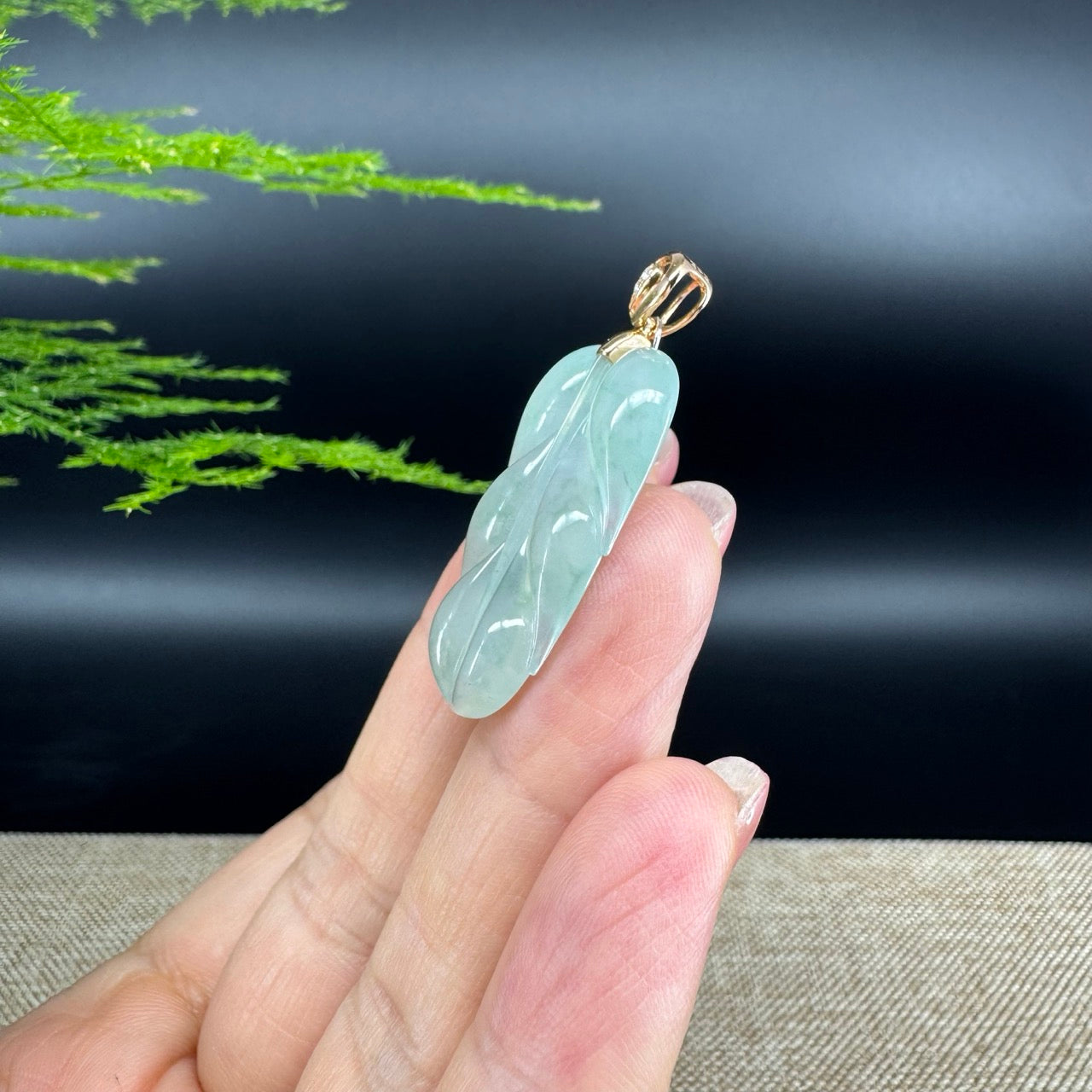 RealJade® Co. Genuine Ice Green Jadeite Jade Jin Zhi Yu Ye (Leaf) Necklace With 18K Rose Gold Bail