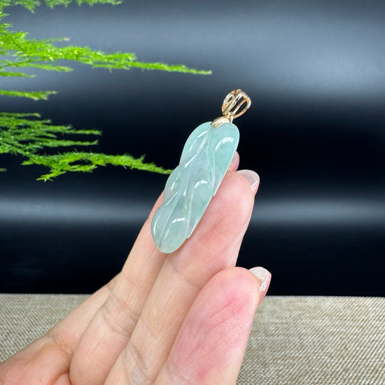 RealJade® Co. Genuine Ice Green Jadeite Jade Jin Zhi Yu Ye (Leaf) Necklace With 18K Rose Gold Bail