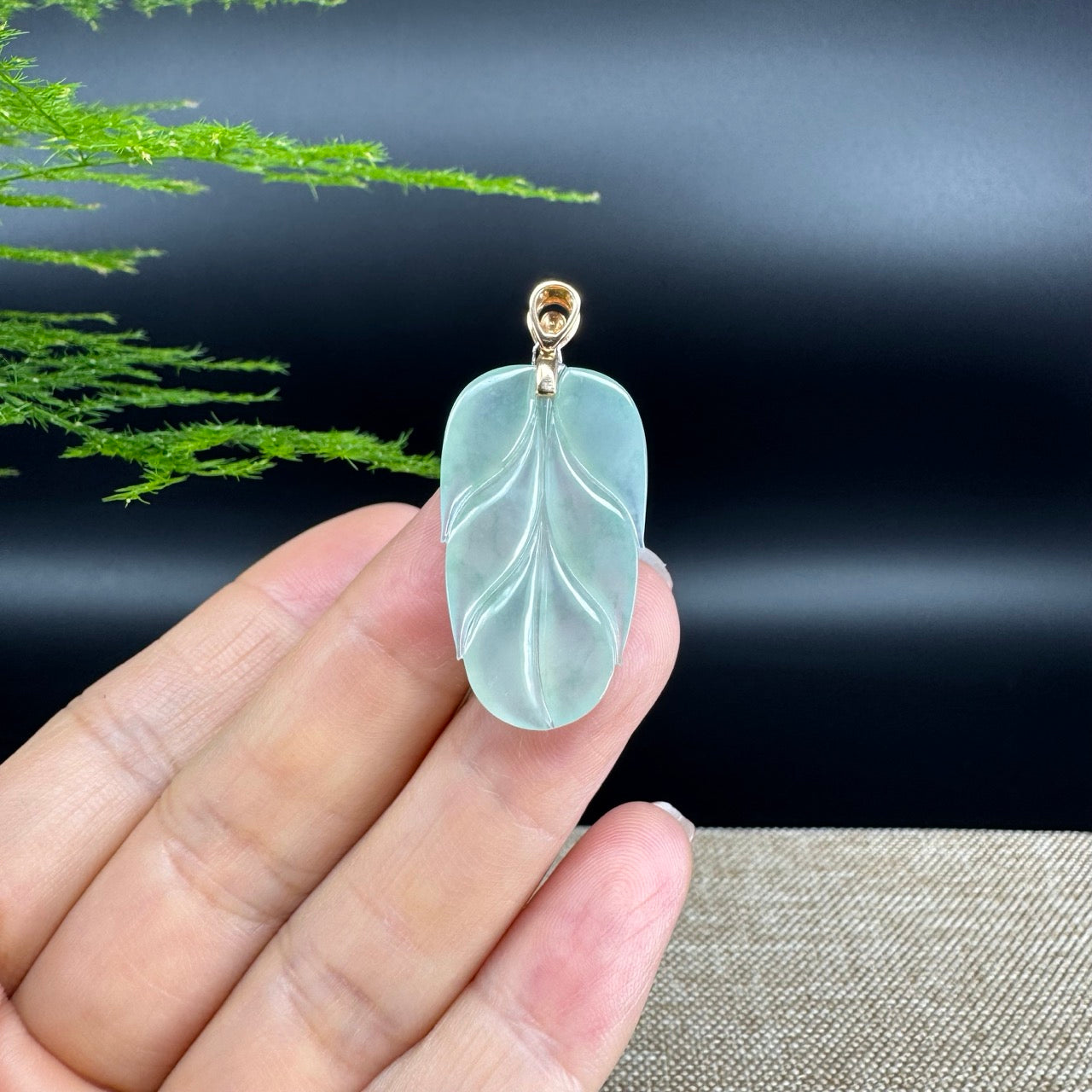 RealJade® Co. Genuine Ice Green Jadeite Jade Jin Zhi Yu Ye (Leaf) Necklace With 18K Rose Gold Bail
