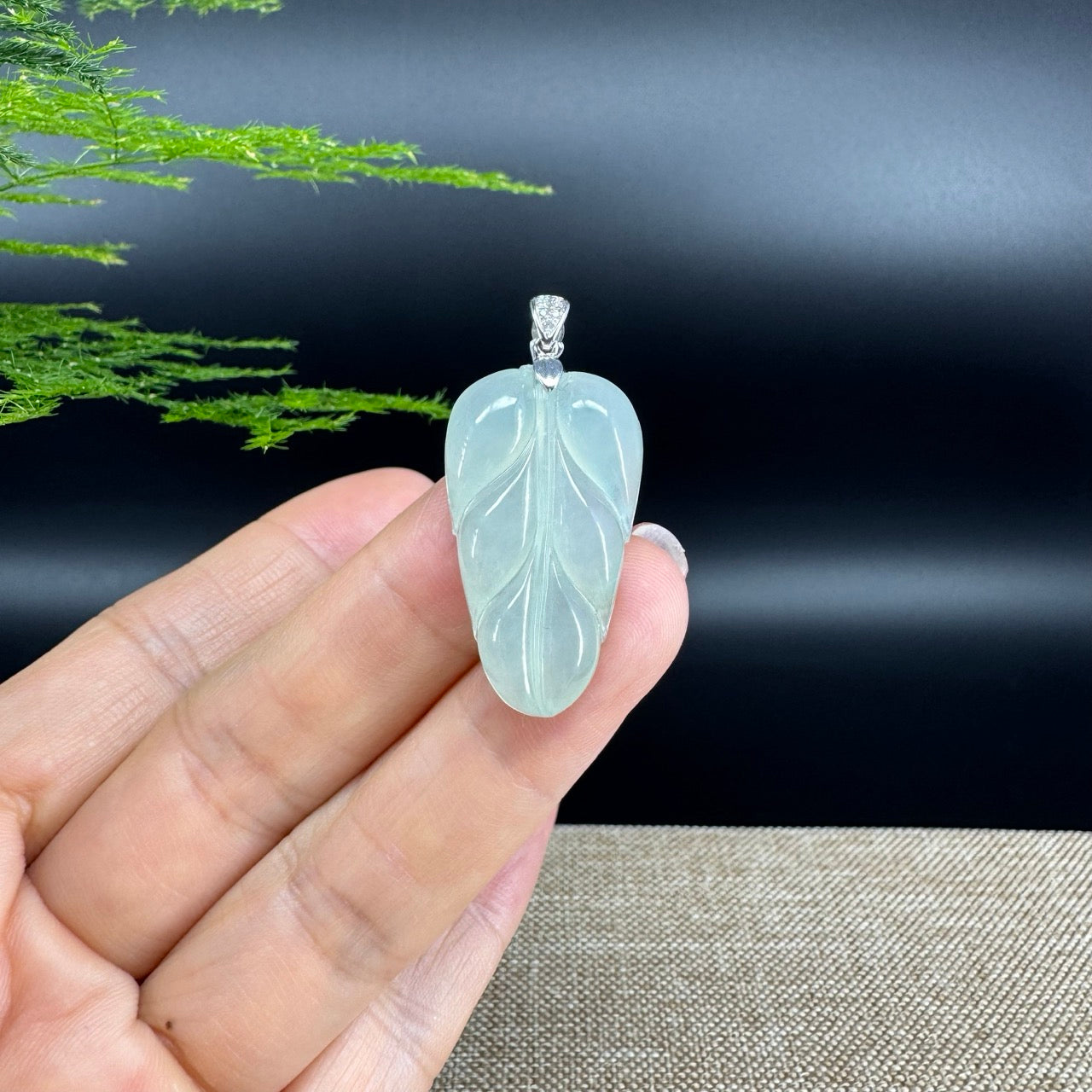 RealJade® Co. Genuine Ice Green Jadeite Jade Jin Zhi Yu Ye (Leaf) Necklace With 18K White Gold Bail