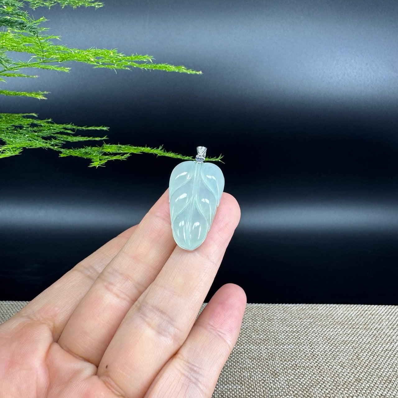 RealJade® Co. Genuine Ice Green Jadeite Jade Jin Zhi Yu Ye (Leaf) Necklace With 18K White Gold Bail