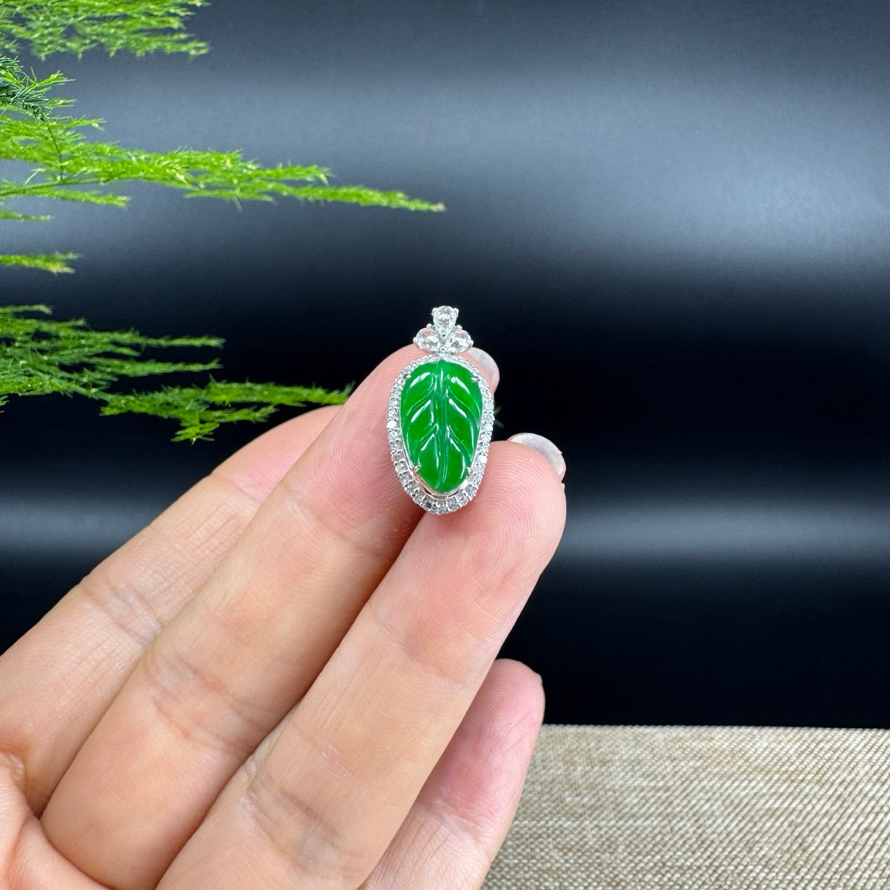 RealJade® Co.  Genuine Imperial Jadeite Jade Jin Zhi Yu Ye (Leaf) Necklace With 18k White Gold & Diamond