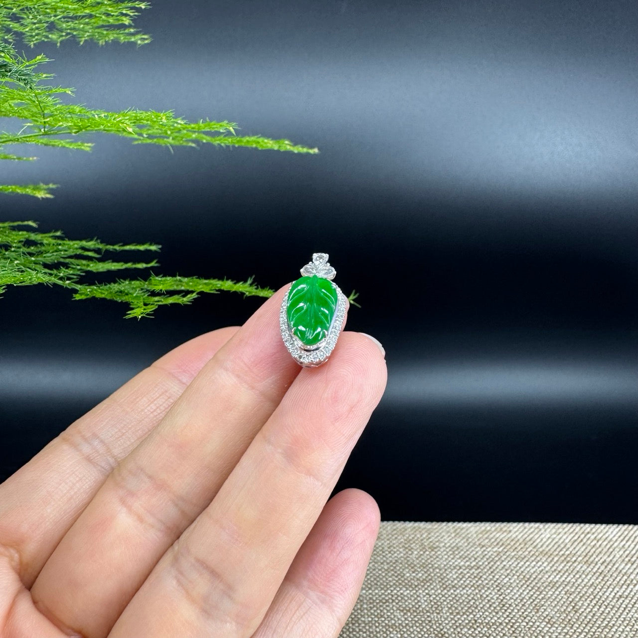 RealJade® Co.  Genuine Imperial Jadeite Jade Jin Zhi Yu Ye (Leaf) Necklace With 18k White Gold & Diamond