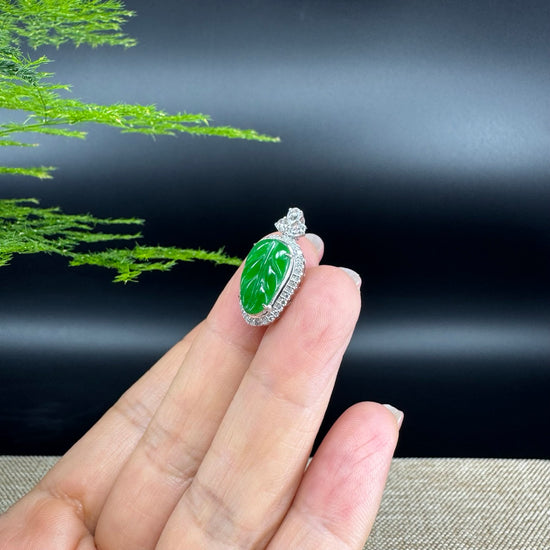 RealJade® Co.  Genuine Imperial Jadeite Jade Jin Zhi Yu Ye (Leaf) Necklace With 18k White Gold & Diamond