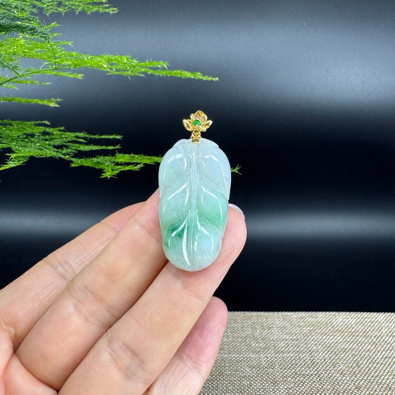 RealJade® Co. Genuine Ice Green Jadeite Jade Jin Zhi Yu Ye (Leaf) Necklace With 18K Yellow Gold Bail