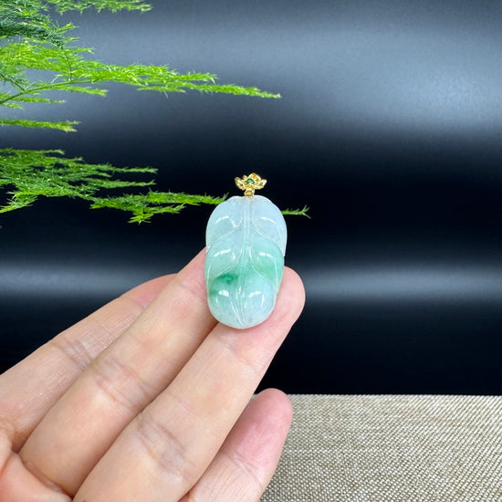 RealJade® Co. Genuine Ice Green Jadeite Jade Jin Zhi Yu Ye (Leaf) Necklace With 18K Yellow Gold Bail
