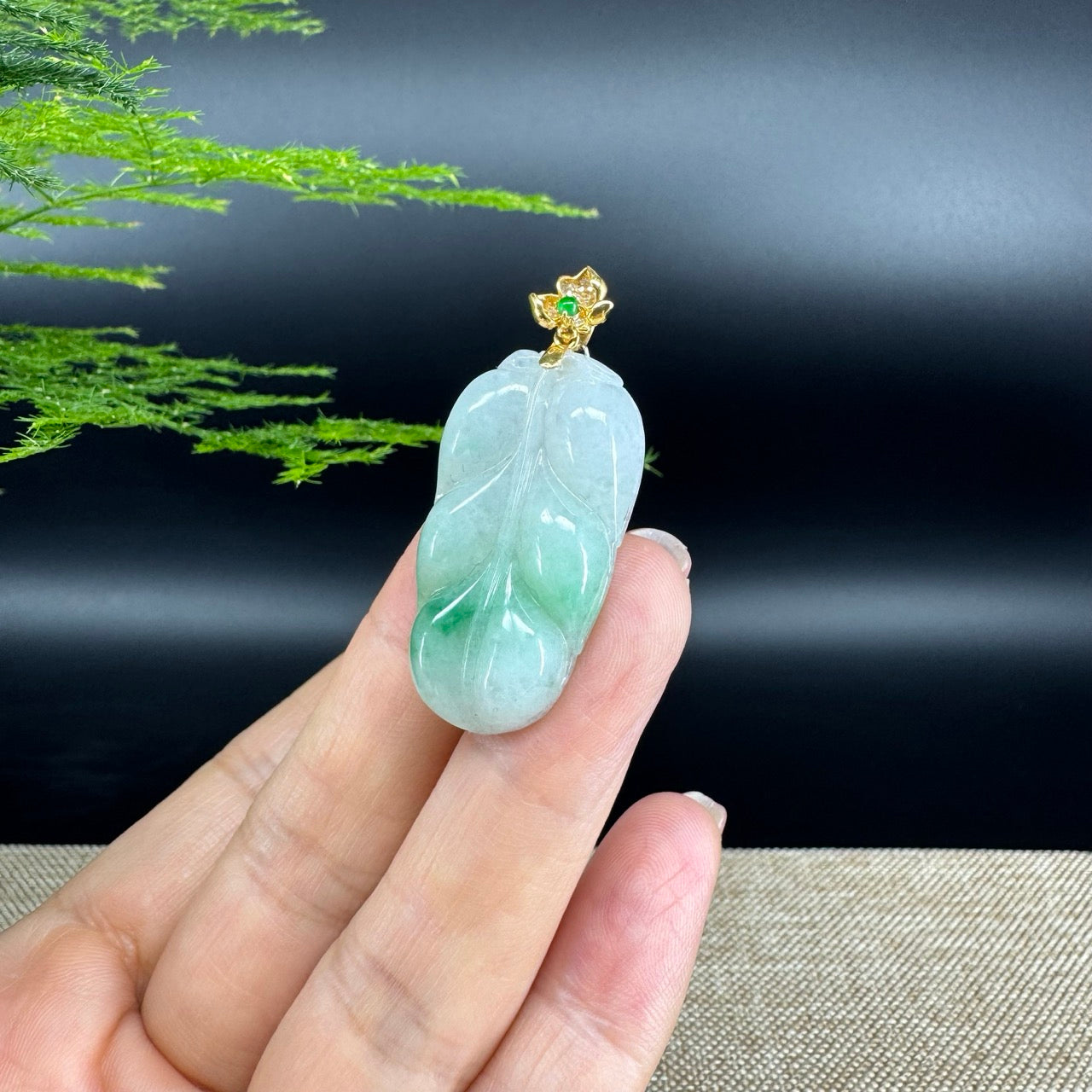 RealJade® Co. Genuine Ice Green Jadeite Jade Jin Zhi Yu Ye (Leaf) Necklace With 18K Yellow Gold Bail