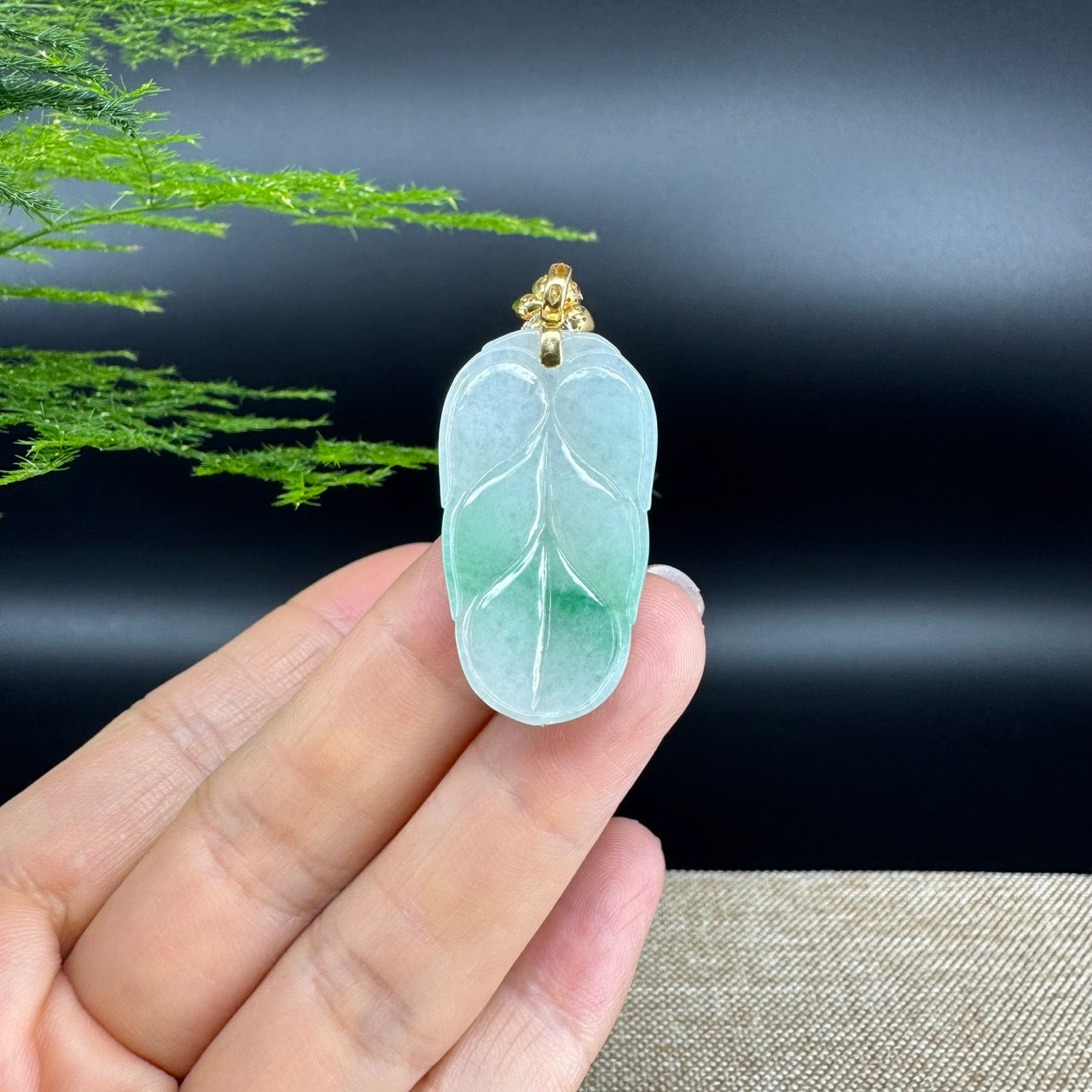 RealJade® Co. Genuine Ice Green Jadeite Jade Jin Zhi Yu Ye (Leaf) Necklace With 18K Yellow Gold Bail