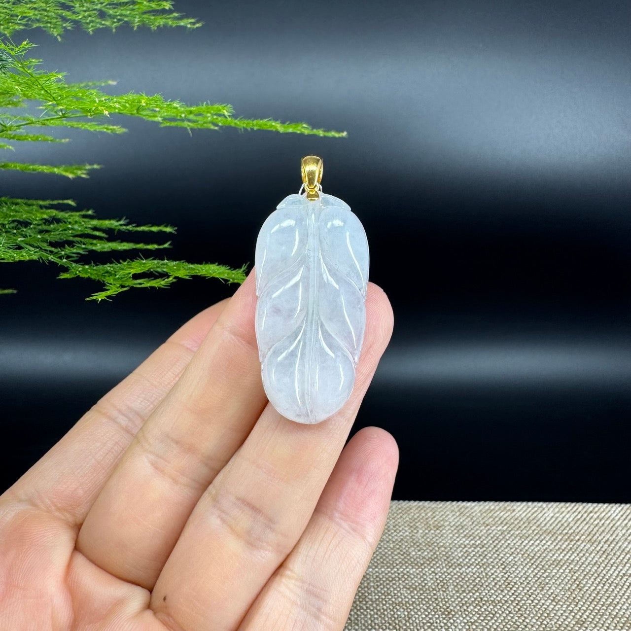 RealJade® Co. Genuine Ice Jadeite Jade Jin Zhi Yu Ye (Leaf) Necklace With 18K Yellow Gold Bail