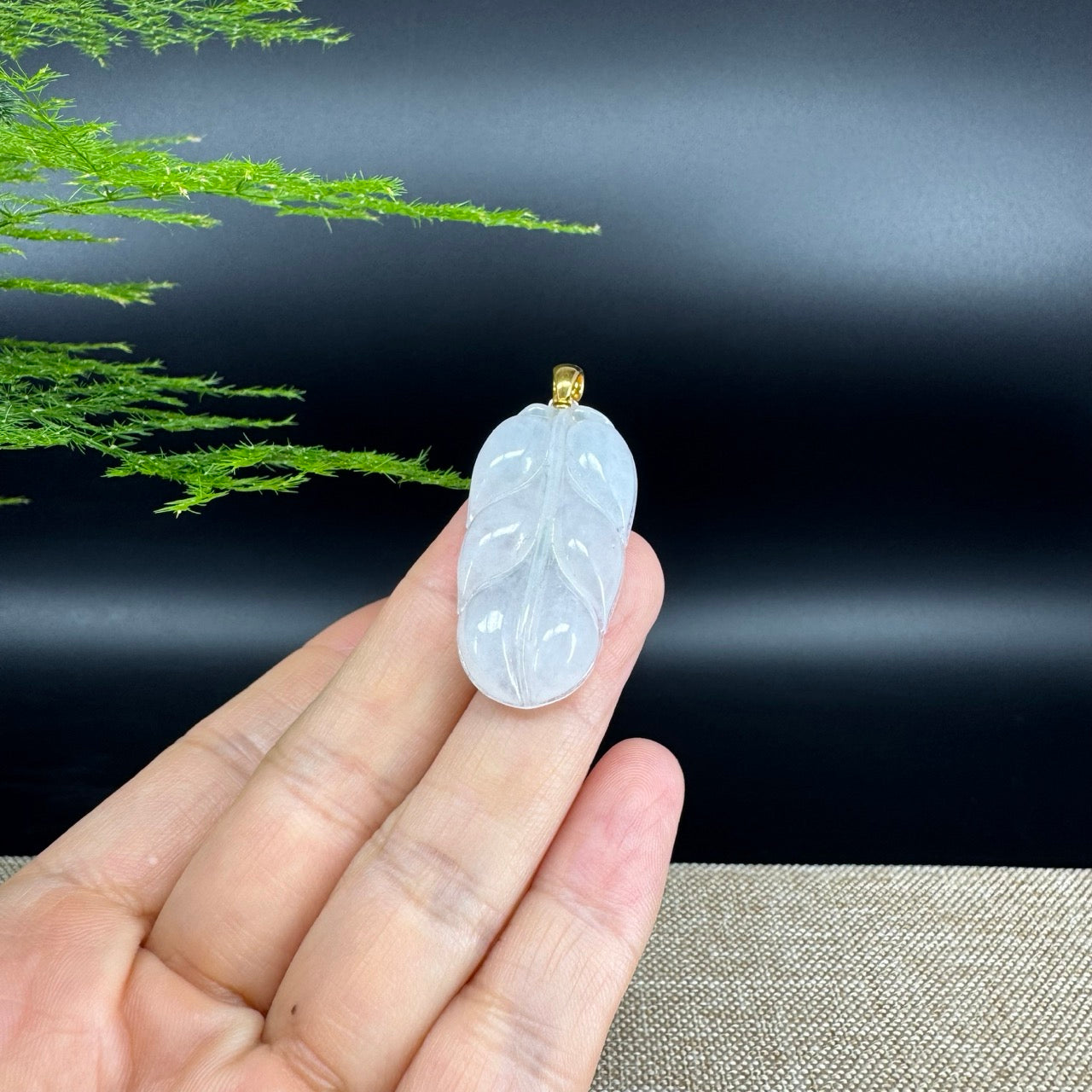 RealJade® Co. Genuine Ice Jadeite Jade Jin Zhi Yu Ye (Leaf) Necklace With 18K Yellow Gold Bail