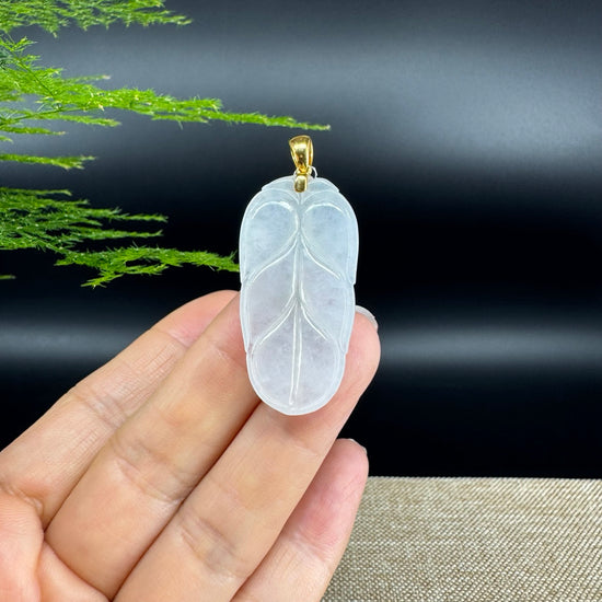 RealJade® Co. Genuine Ice Jadeite Jade Jin Zhi Yu Ye (Leaf) Necklace With 18K Yellow Gold Bail
