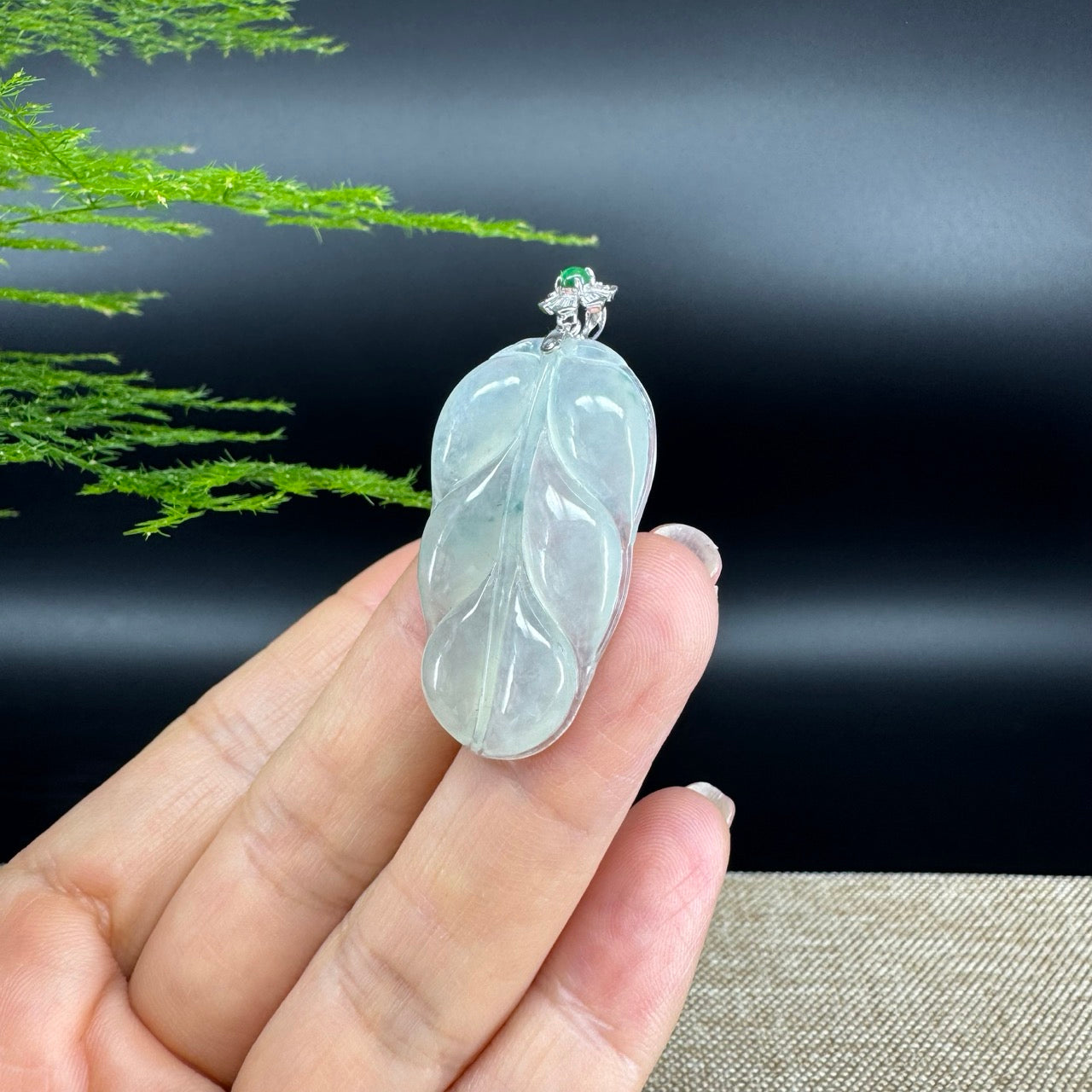 RealJade® Co. Genuine Ice Green Jadeite Jade Jin Zhi Yu Ye (Leaf) Necklace With 18K White Gold Bail