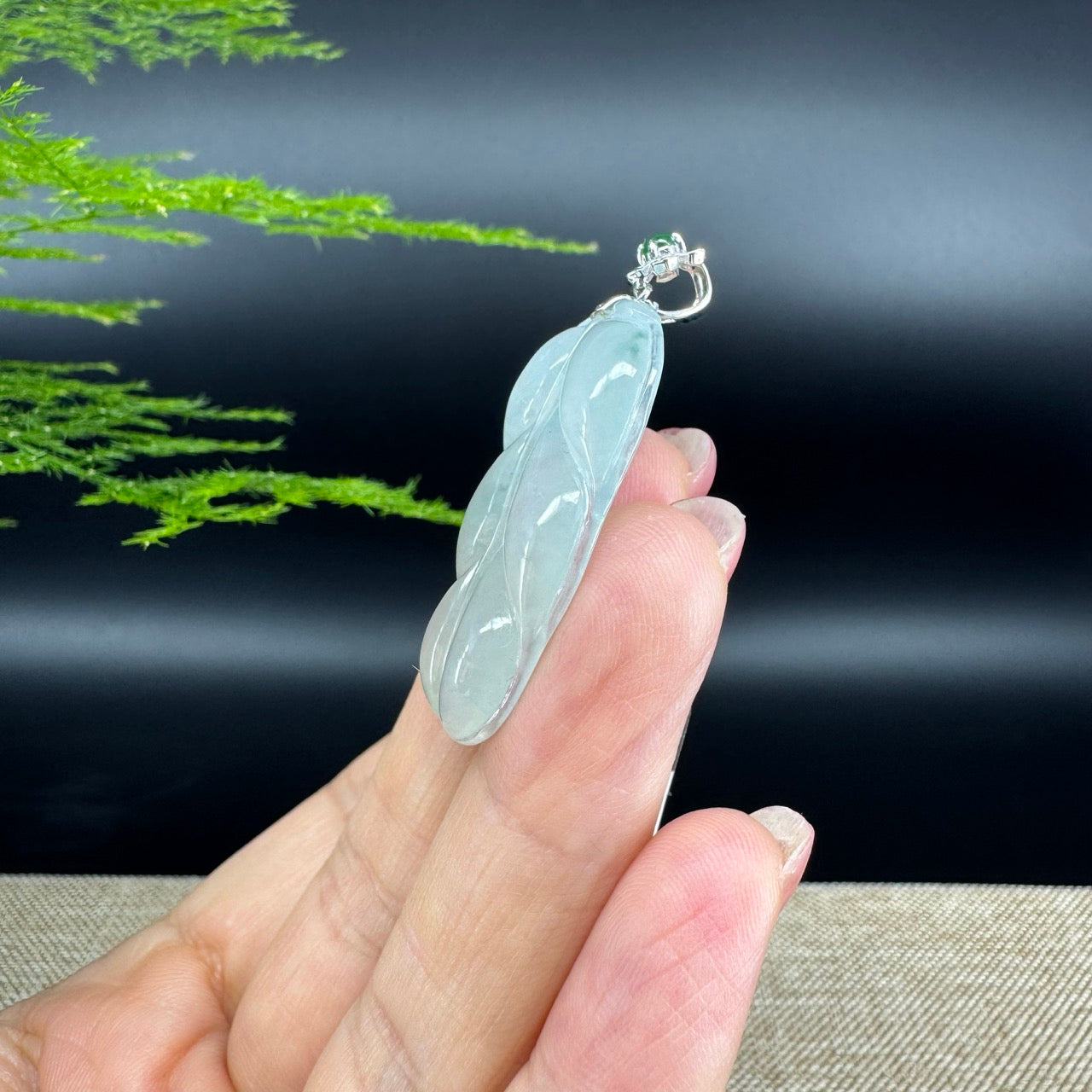 RealJade® Co. Genuine Ice Green Jadeite Jade Jin Zhi Yu Ye (Leaf) Necklace With 18K White Gold Bail