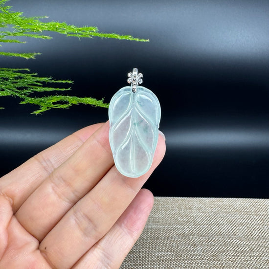 RealJade® Co. Genuine Ice Green Jadeite Jade Jin Zhi Yu Ye (Leaf) Necklace With 18K White Gold Bail