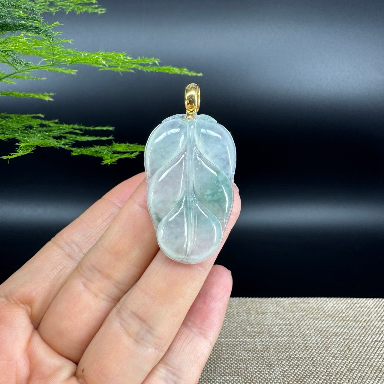 RealJade® Co. Genuine Ice Green Jadeite Jade Jin Zhi Yu Ye (Leaf) Necklace With 18K Yellow Gold Bail