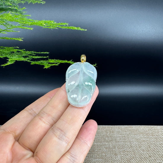 RealJade® Co. Genuine Ice Green Jadeite Jade Jin Zhi Yu Ye (Leaf) Necklace With 18K Yellow Gold Bail