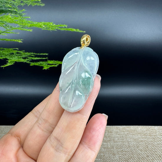 RealJade® Co. Genuine Ice Green Jadeite Jade Jin Zhi Yu Ye (Leaf) Necklace With 18K Yellow Gold Bail
