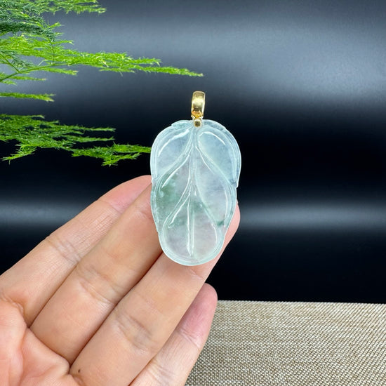 RealJade® Co. Genuine Ice Green Jadeite Jade Jin Zhi Yu Ye (Leaf) Necklace With 18K Yellow Gold Bail