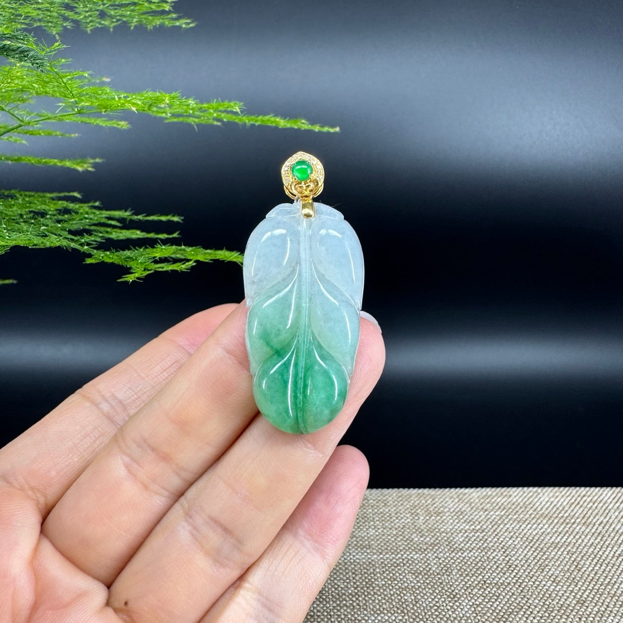 RealJade® Co. Genuine Ice Green Jadeite Jade Jin Zhi Yu Ye (Leaf) Necklace With 18K Yellow Gold Bail