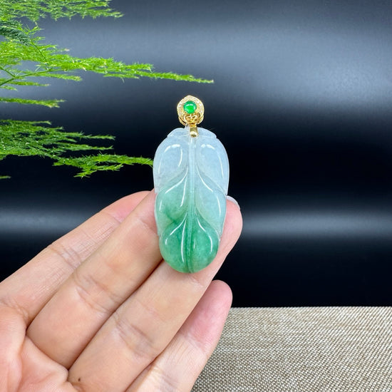 RealJade® Co. Genuine Ice Green Jadeite Jade Jin Zhi Yu Ye (Leaf) Necklace With 18K Yellow Gold Bail