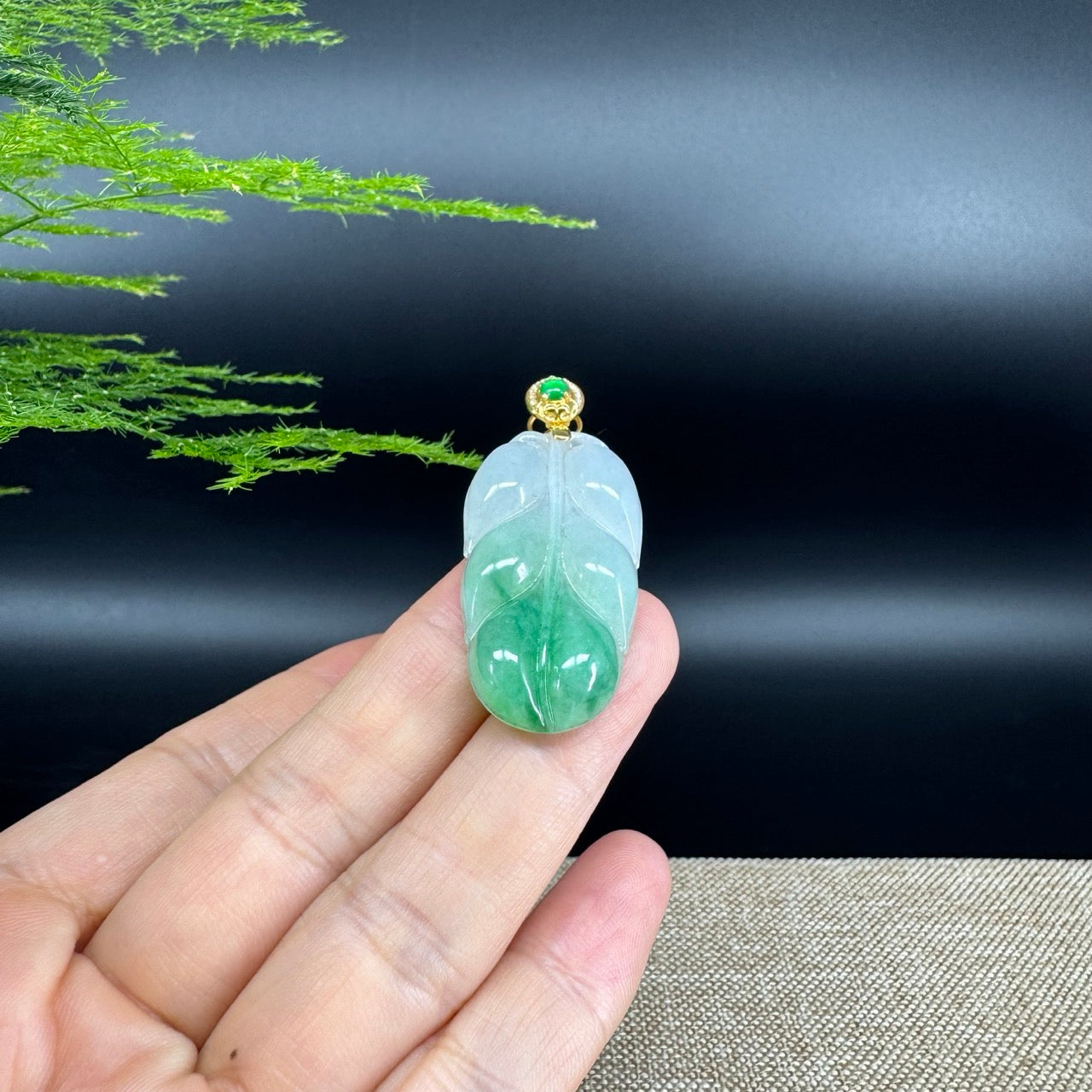 RealJade® Co. Genuine Ice Green Jadeite Jade Jin Zhi Yu Ye (Leaf) Necklace With 18K Yellow Gold Bail