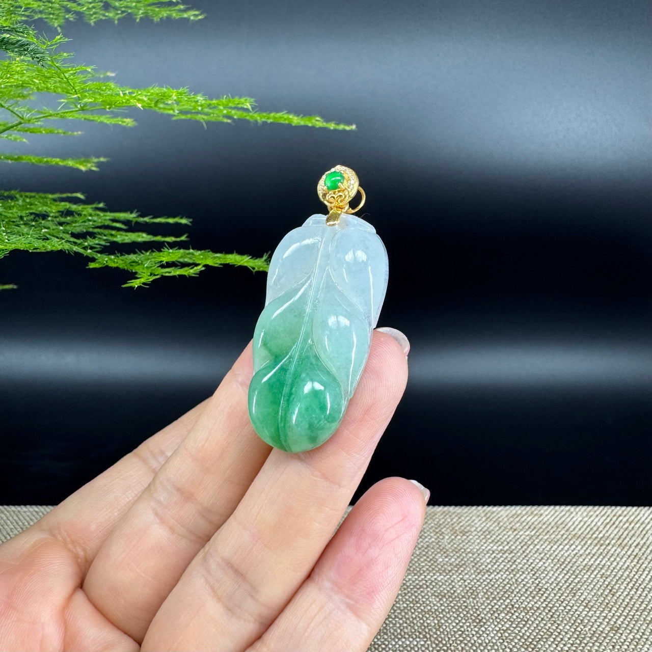 RealJade® Co. Genuine Ice Green Jadeite Jade Jin Zhi Yu Ye (Leaf) Necklace With 18K Yellow Gold Bail