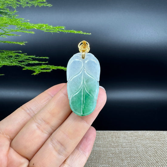 RealJade® Co. Genuine Ice Green Jadeite Jade Jin Zhi Yu Ye (Leaf) Necklace With 18K Yellow Gold Bail