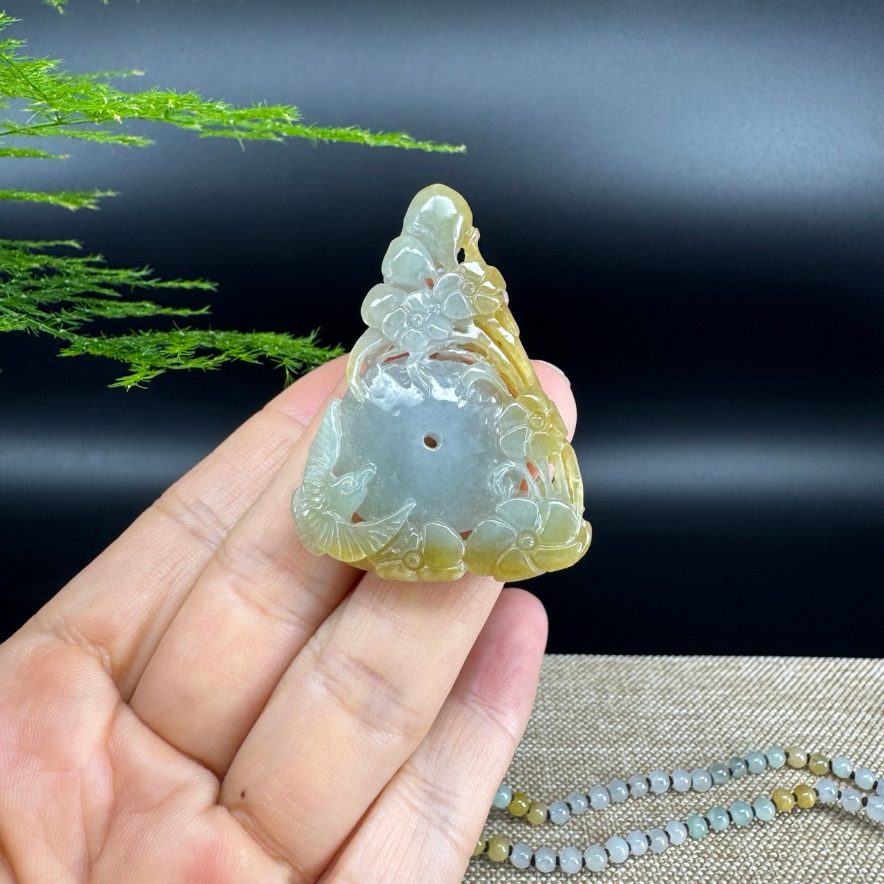 RealJade® Co.  Genuine Burmese Jadeite Jade Yellow Green Flower Pendant Necklace