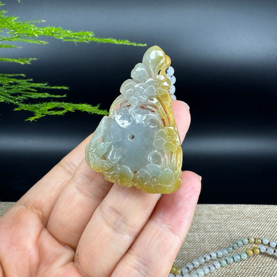 RealJade® Co.  Genuine Burmese Jadeite Jade Yellow Green Flower Pendant Necklace