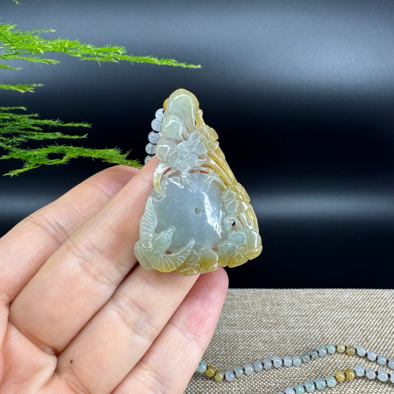 RealJade® Co.  Genuine Burmese Jadeite Jade Yellow Green Flower Pendant Necklace