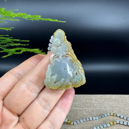 RealJade® Co.  Genuine Burmese Jadeite Jade Yellow Green Flower Pendant Necklace