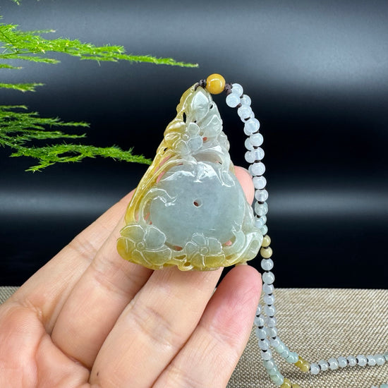 RealJade® Co.  Genuine Burmese Jadeite Jade Yellow Green Flower Pendant Necklace