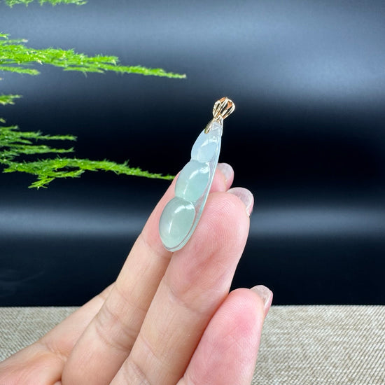 RealJade® Co. Genuine Ice Green Jadeite Jade Bean Necklace With 18K Rose Gold Bail
