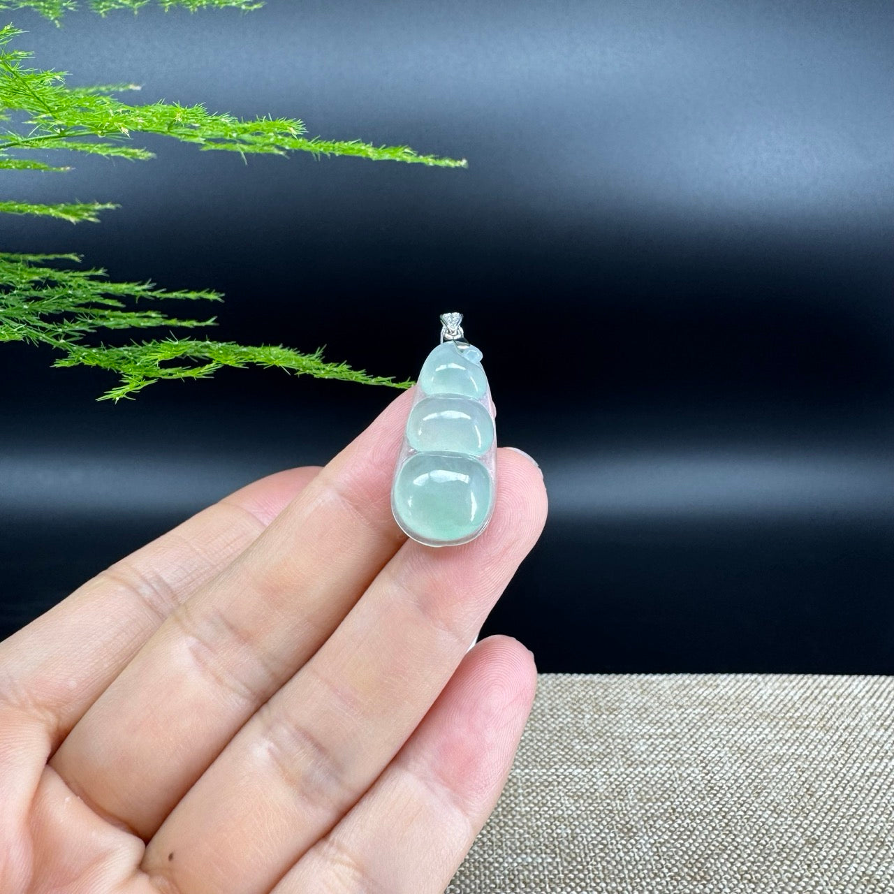 RealJade® Co. Genuine Icy Green  Jadeite Jade Bean Necklace With 18K White Gold Bail