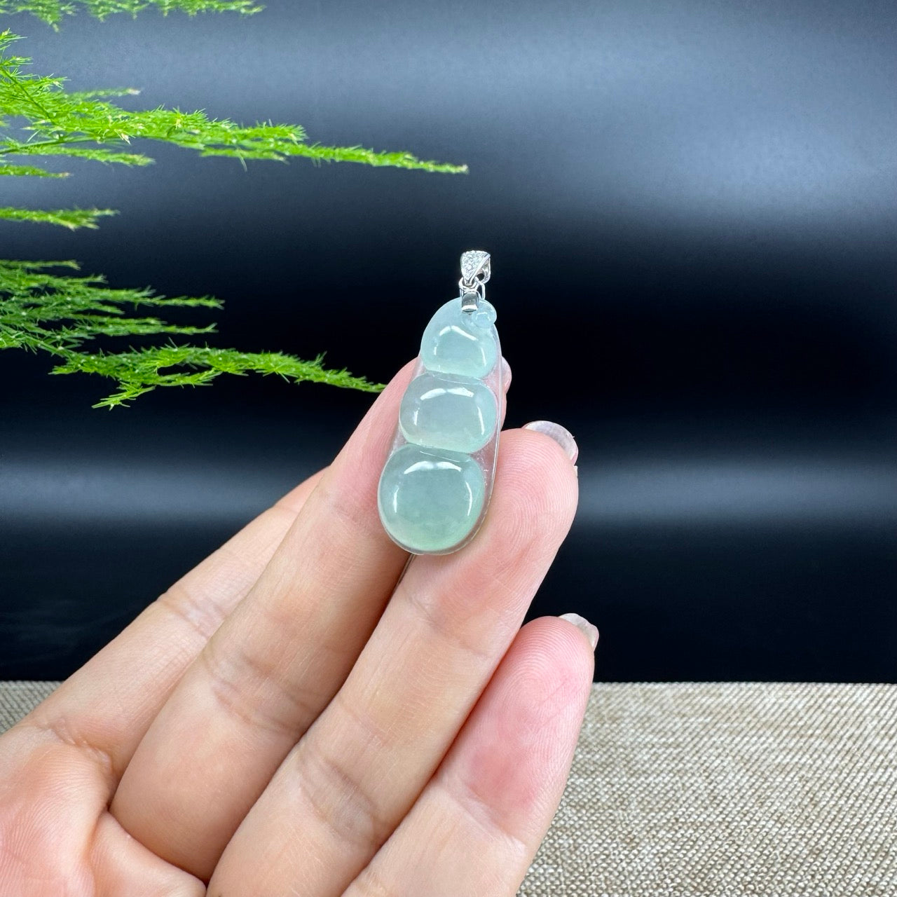 RealJade® Co. Genuine Icy Green  Jadeite Jade Bean Necklace With 18K White Gold Bail