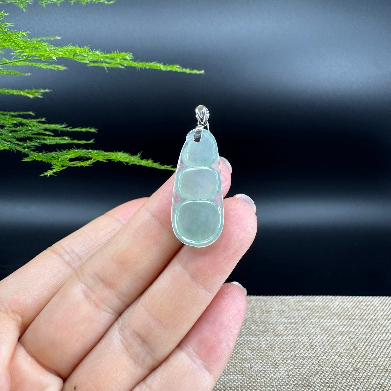 RealJade® Co. Genuine Icy Green  Jadeite Jade Bean Necklace With 18K White Gold Bail