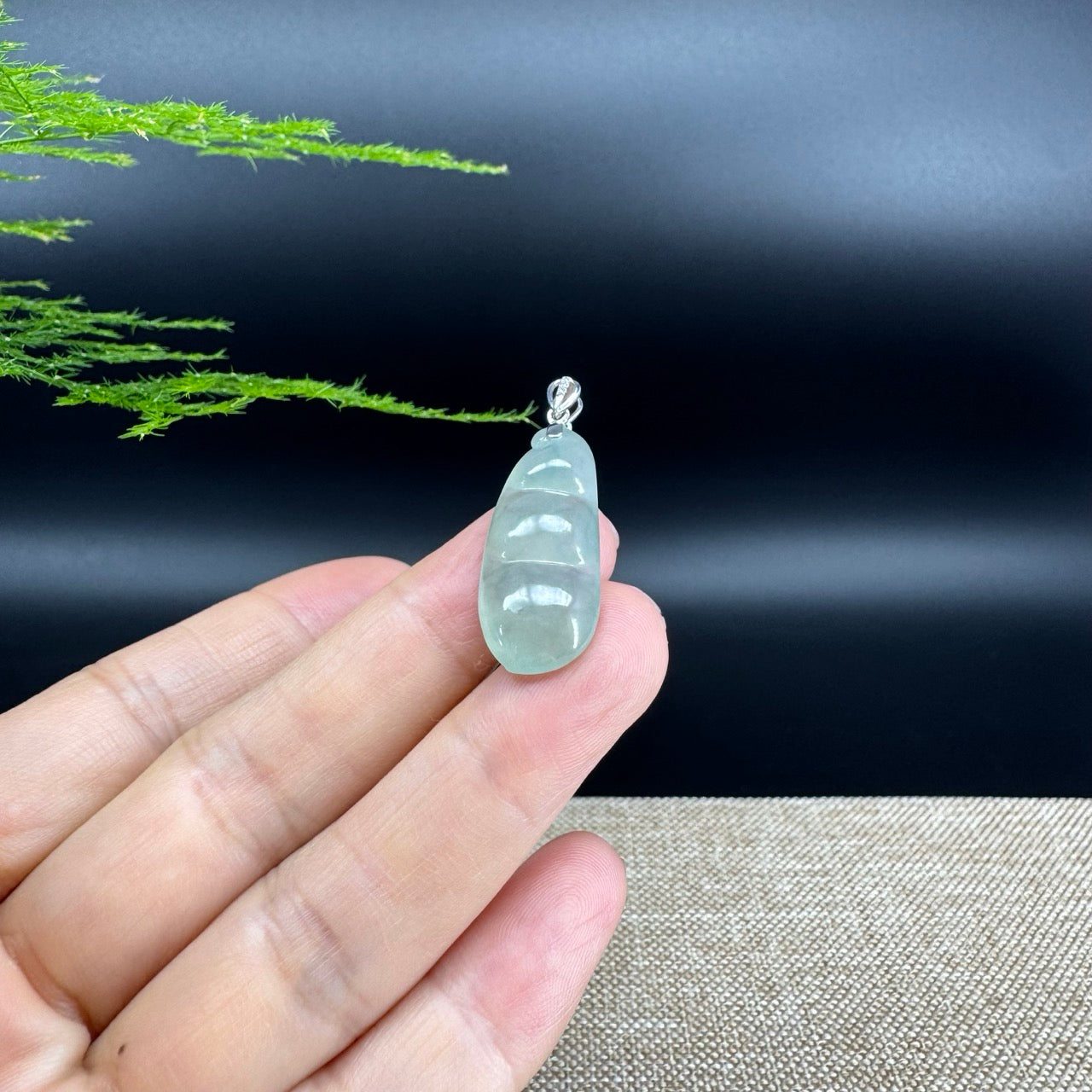 RealJade® Co. Genuine Icy Green  Jadeite Jade Bean Necklace With 18K White Gold Bail