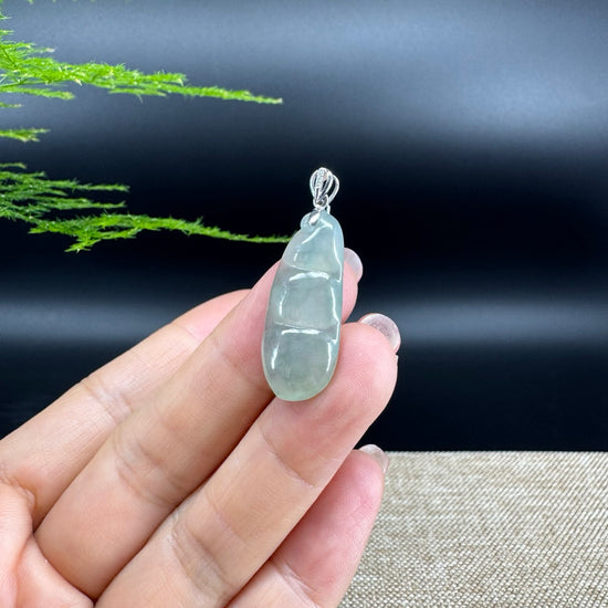 RealJade® Co. Genuine Icy Green  Jadeite Jade Bean Necklace With 18K White Gold Bail