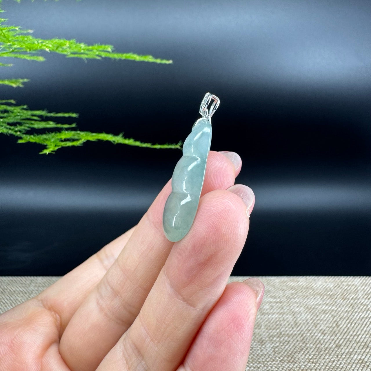 RealJade® Co. Genuine Icy Green  Jadeite Jade Bean Necklace With 18K White Gold Bail