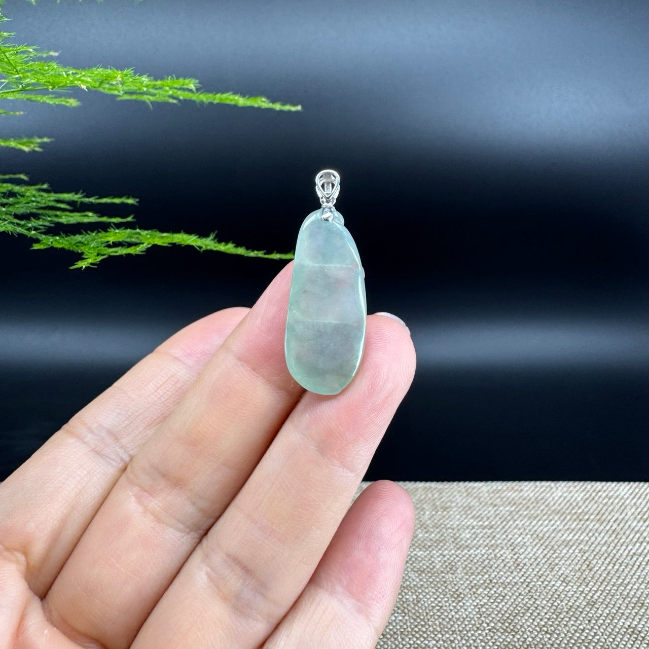 RealJade® Co. Genuine Icy Green  Jadeite Jade Bean Necklace With 18K White Gold Bail