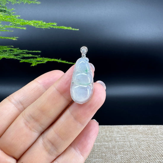 RealJade® Co. Genuine Icy Green  Jadeite Jade Bean Necklace With 18K White Gold Bail