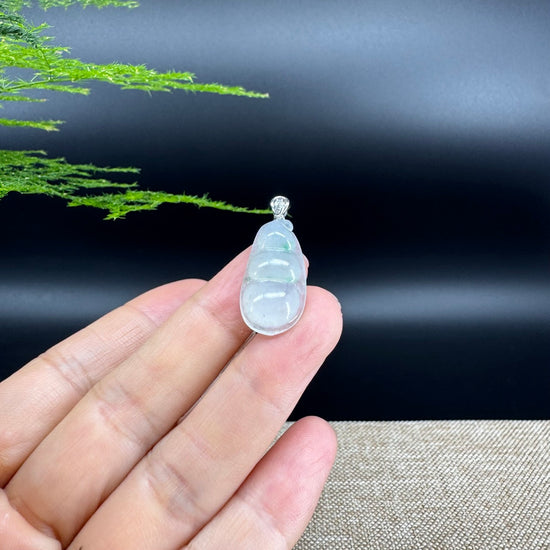 RealJade® Co. Genuine Icy Green  Jadeite Jade Bean Necklace With 18K White Gold Bail