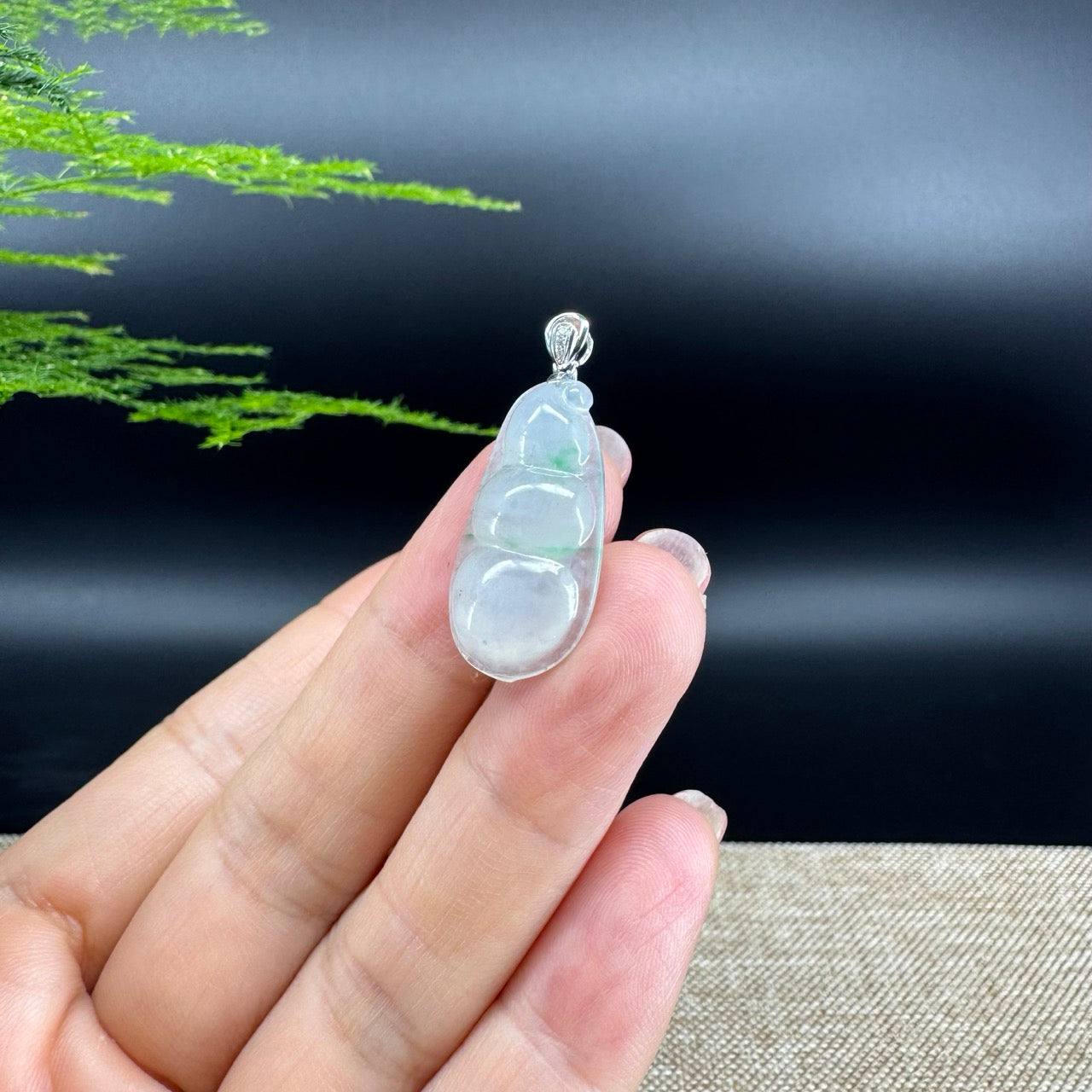 RealJade® Co. Genuine Icy Green  Jadeite Jade Bean Necklace With 18K White Gold Bail