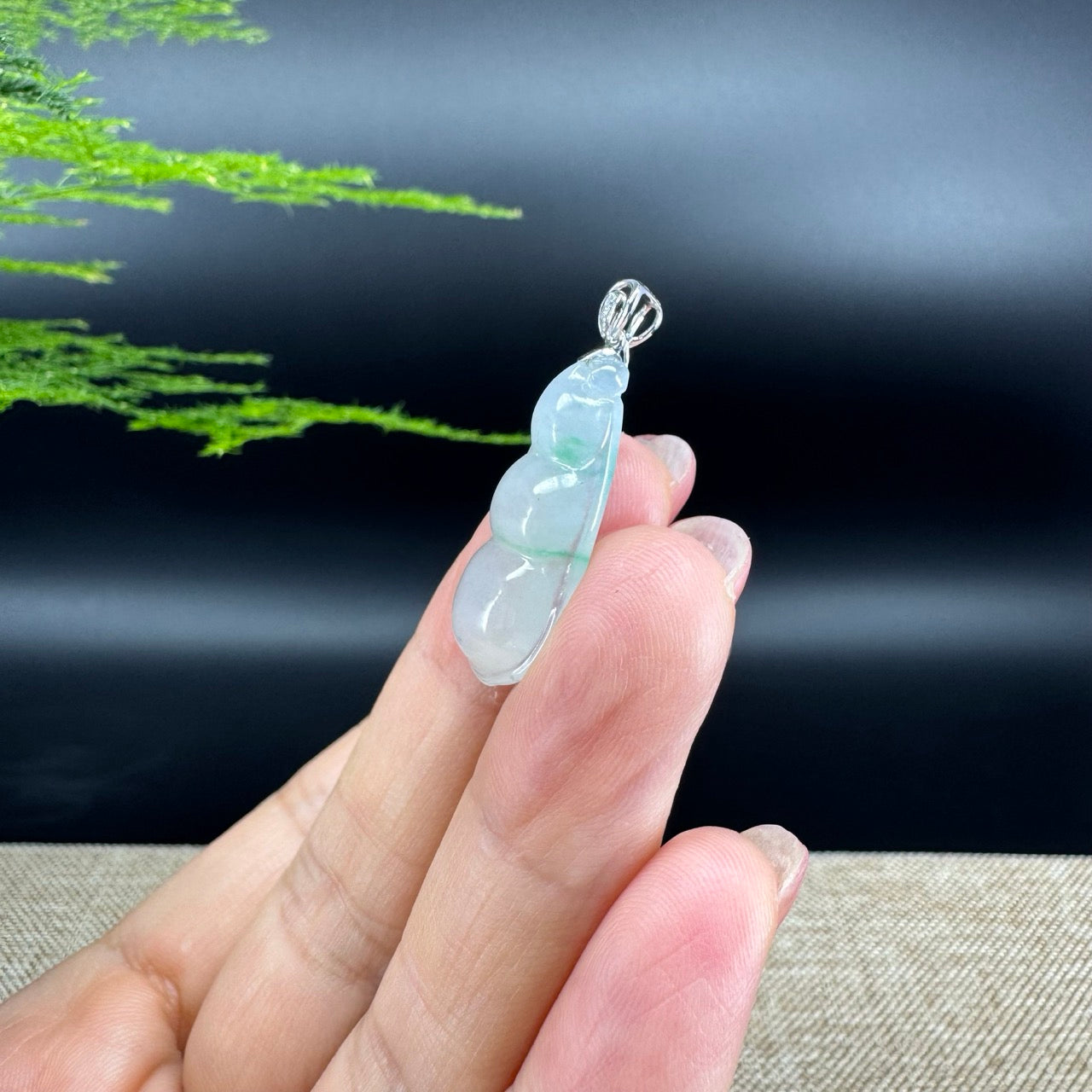 RealJade® Co. Genuine Icy Green  Jadeite Jade Bean Necklace With 18K White Gold Bail