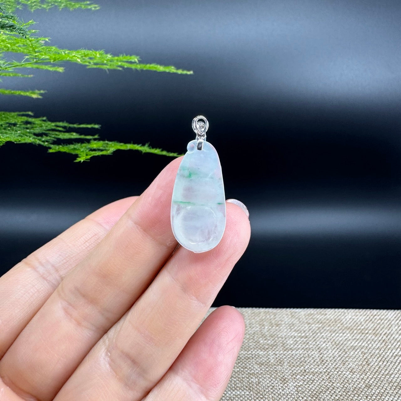 RealJade® Co. Genuine Icy Green  Jadeite Jade Bean Necklace With 18K White Gold Bail