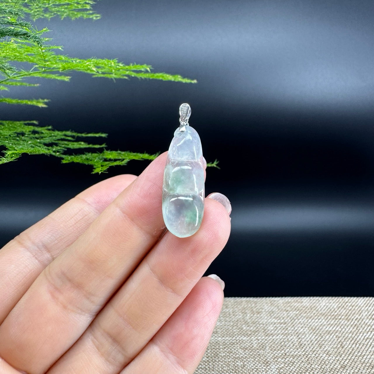 RealJade® Co. Genuine Icy Green  Jadeite Jade Bean Necklace With 18K White Gold Bail