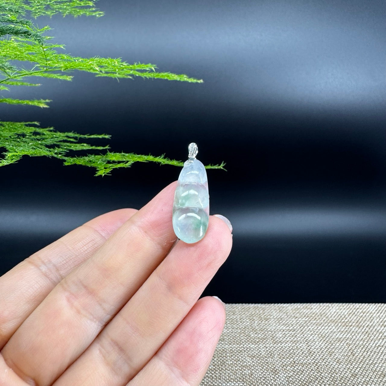 RealJade® Co. Genuine Icy Green  Jadeite Jade Bean Necklace With 18K White Gold Bail