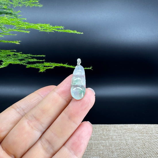 RealJade® Co. Genuine Icy Green  Jadeite Jade Bean Necklace With 18K White Gold Bail