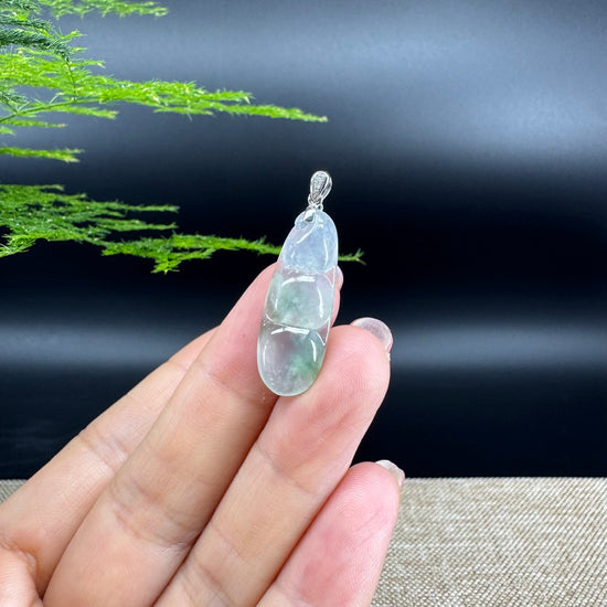 RealJade® Co. Genuine Icy Green  Jadeite Jade Bean Necklace With 18K White Gold Bail